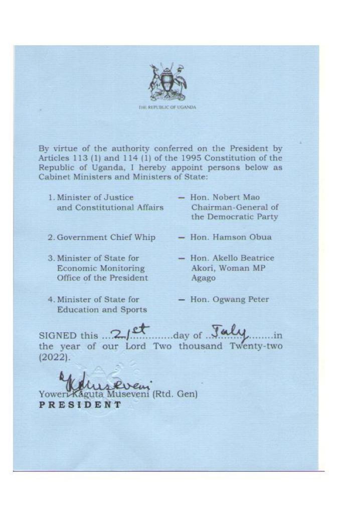 Read more about the article Museveni Appoints DP’s Mao Justice Minister